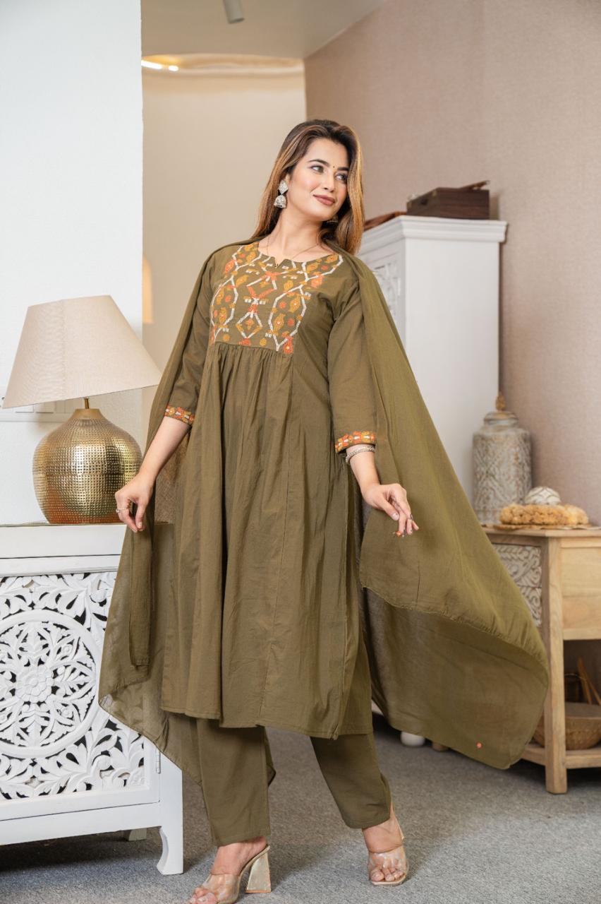 Cotton Suit with Embroidery, Pant & Dupatta
