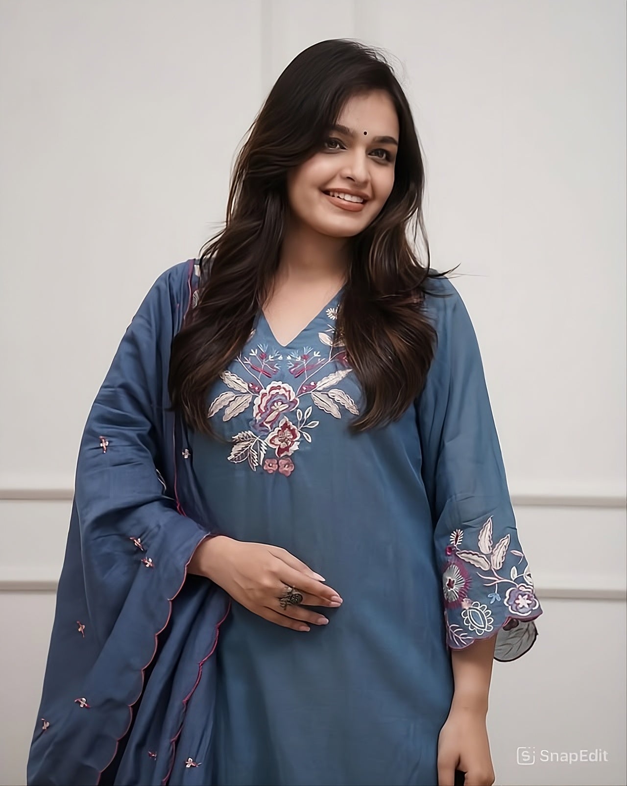 Cotton Thread Embroidered Straight Kurti Pant Set with Malmal Dupatta
