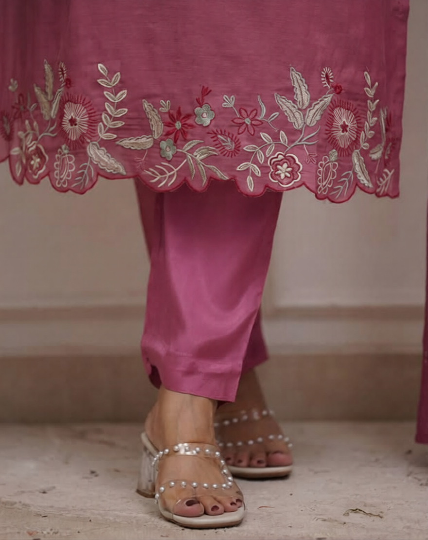 Cotton Thread Embroidered Straight Kurti Pant Set with Malmal Dupatta