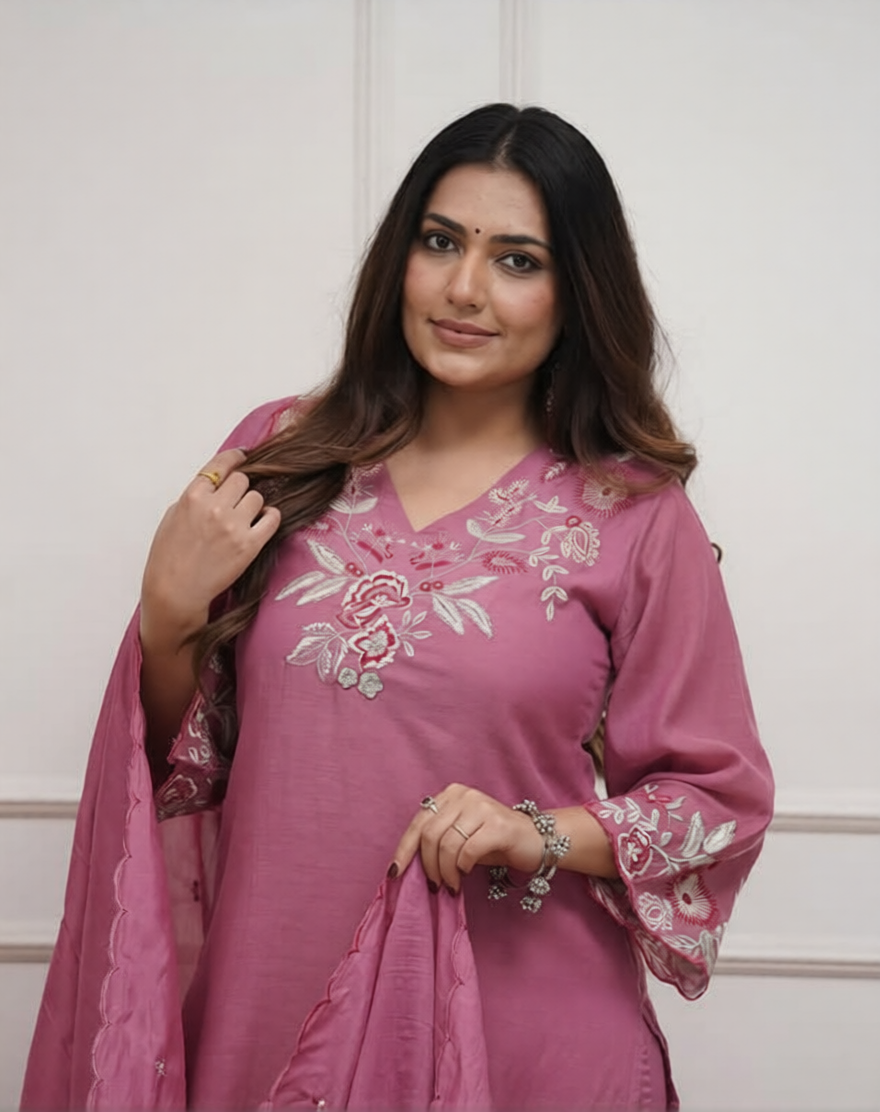 Cotton Thread Embroidered Straight Kurti Pant Set with Malmal Dupatta
