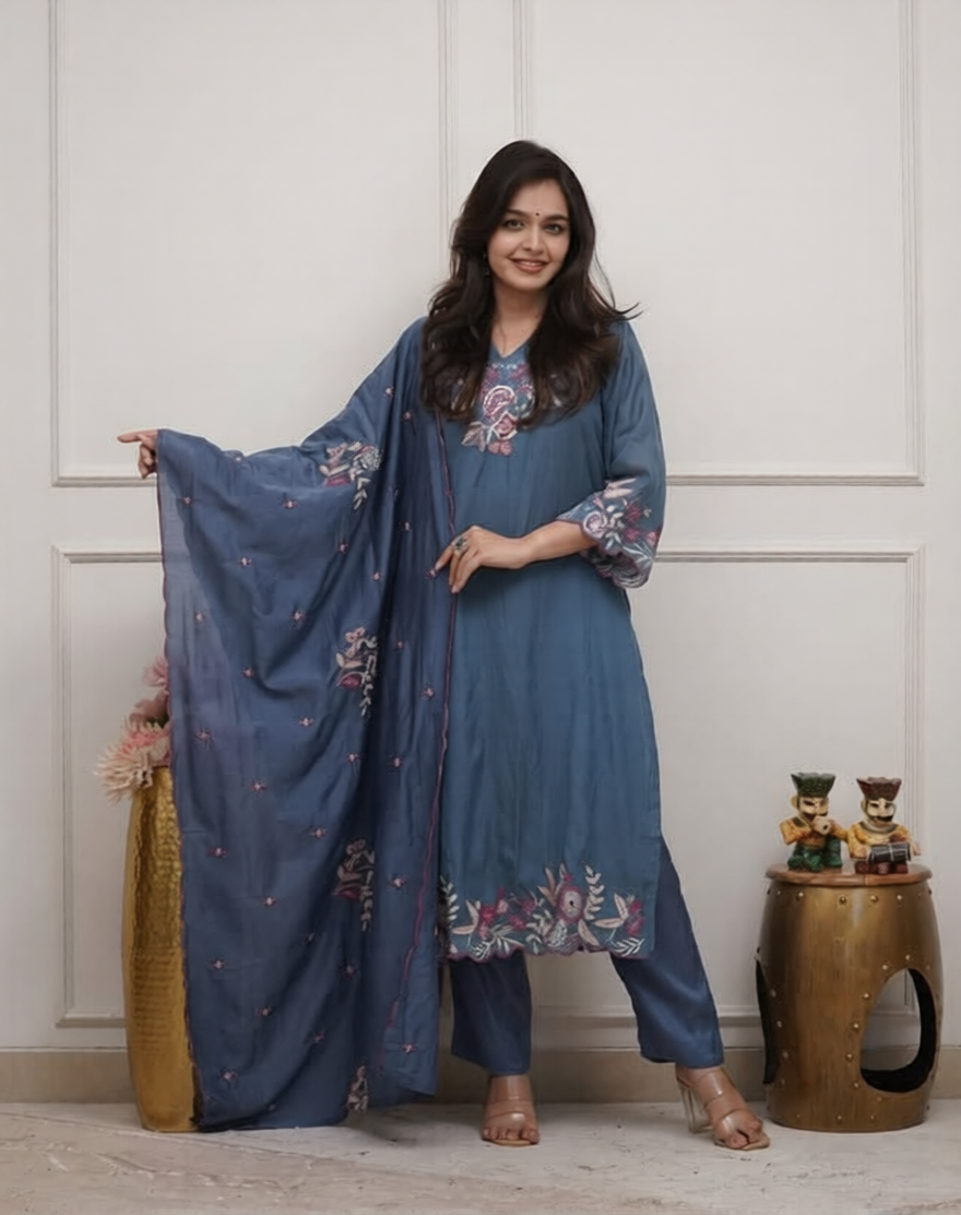 Cotton Thread Embroidered Straight Kurti Pant Set with Malmal Dupatta