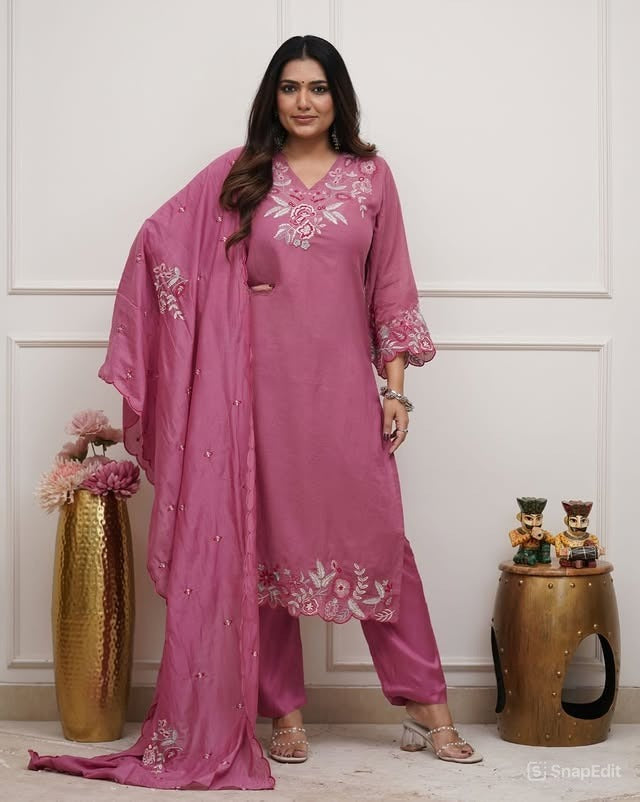Cotton Thread Embroidered Straight Kurti Pant Set with Malmal Dupatta