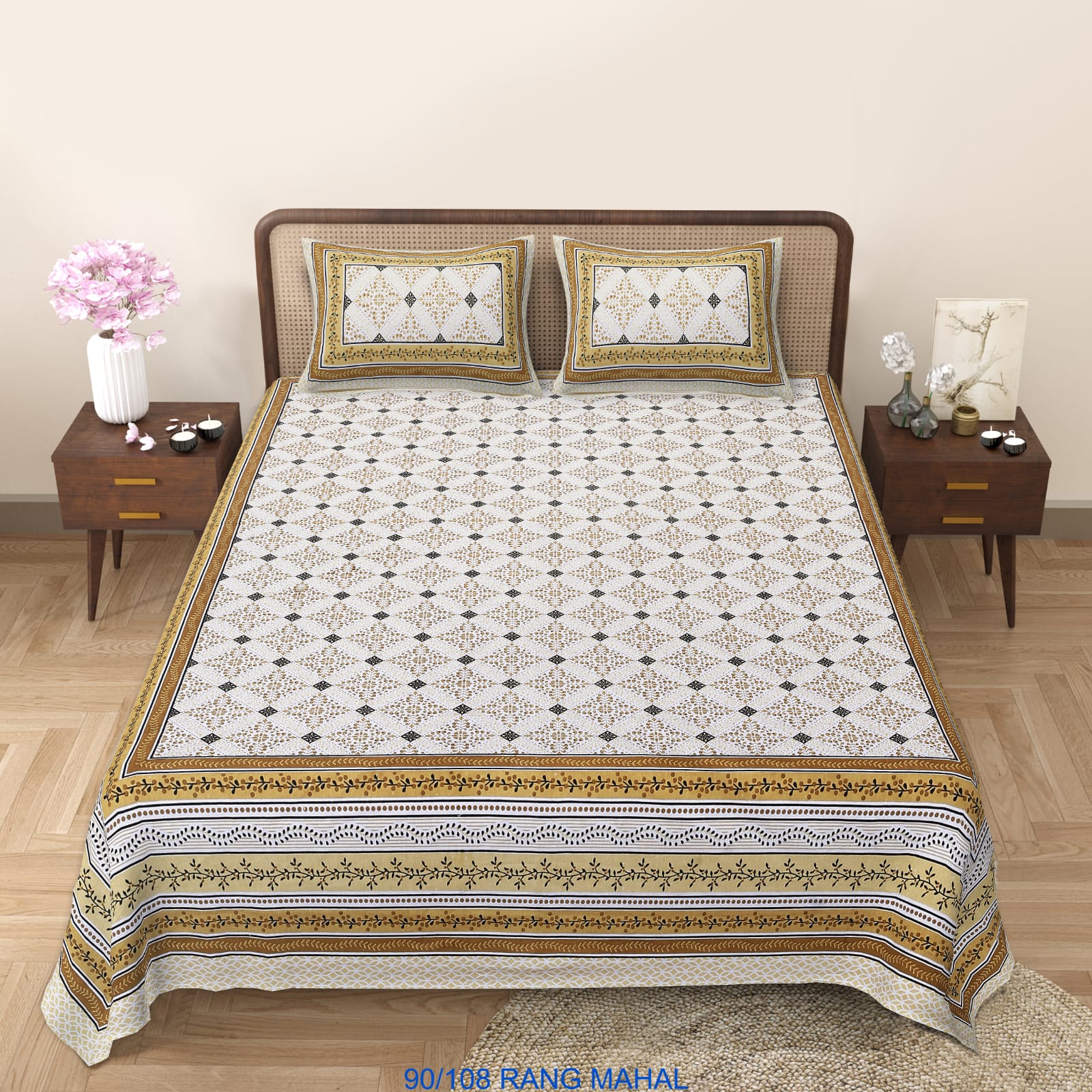 Cotton-Viscose Autoloom Bedsheet (90×106 inch) with 2 Zipper Pillow Covers