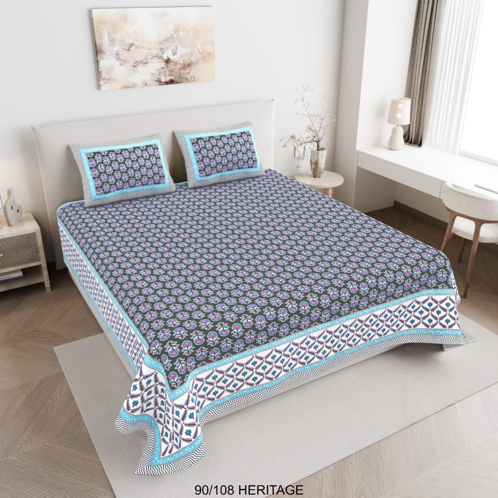 Cotton Viscose Blend Autoloom Bedsheet with 2 Zipper Pillow Covers (90×106 Inches)