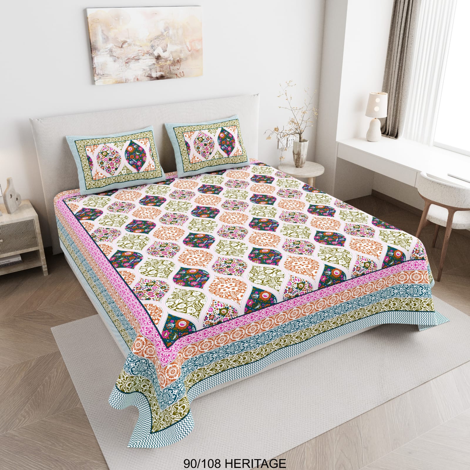 Cotton Viscose Blend Autoloom Bedsheet with 2 Zipper Pillow Covers (90×106 Inches)