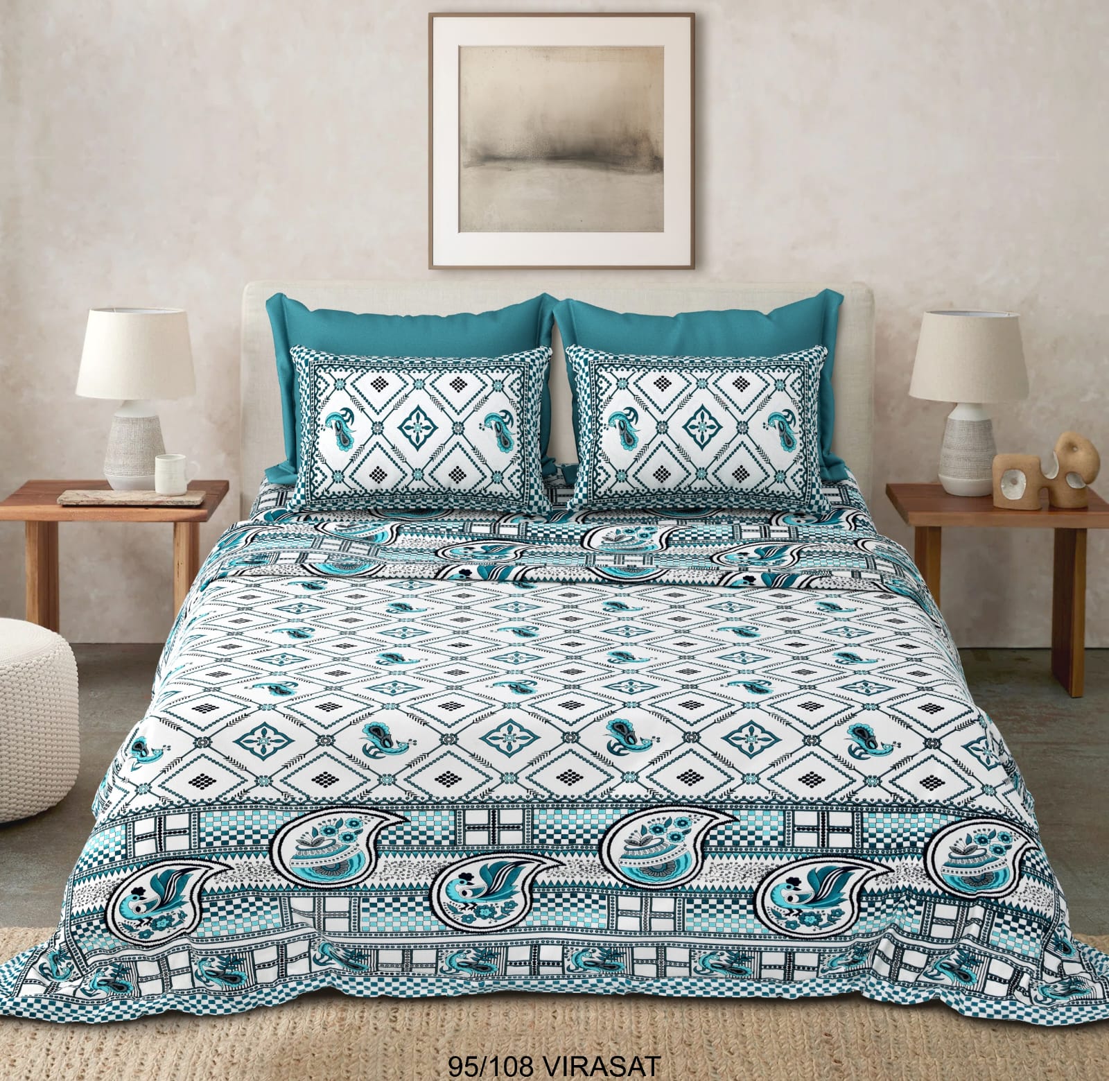 Cotton-Viscose Blend Double Bedsheet with 2 Pillow Covers