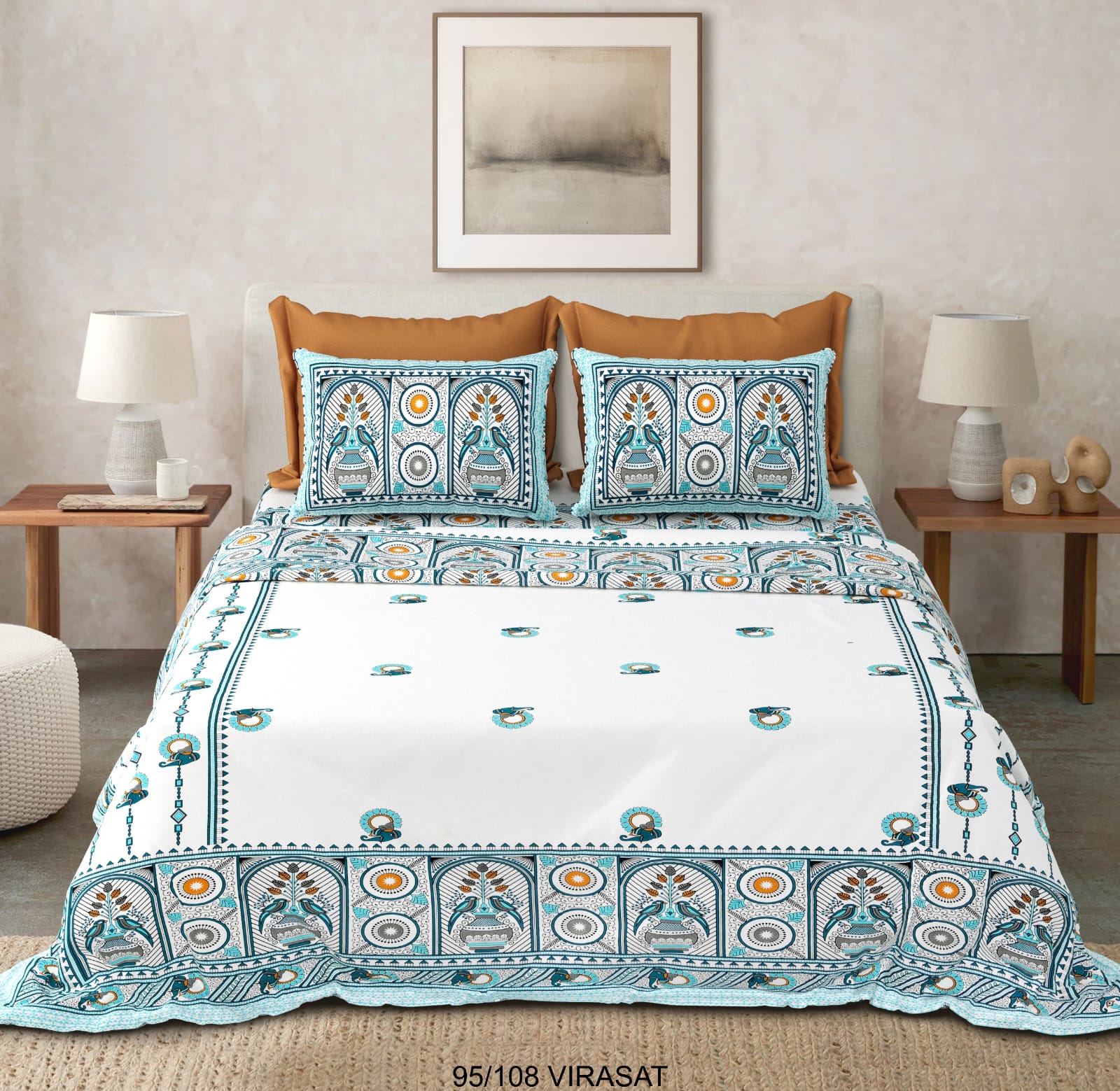 Cotton-Viscose Blend Double Bedsheet with 2 Pillow Covers
