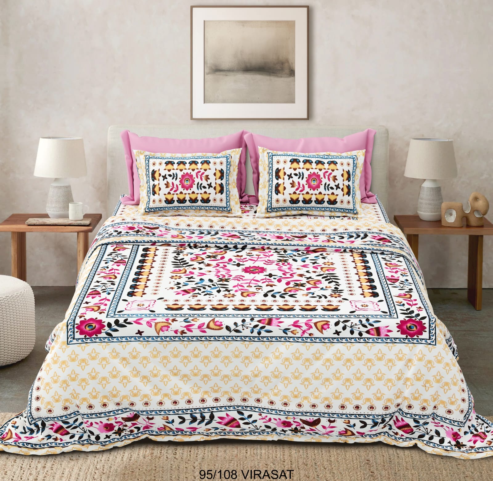 Cotton-Viscose Blend Double Bedsheet with 2 Pillow Covers