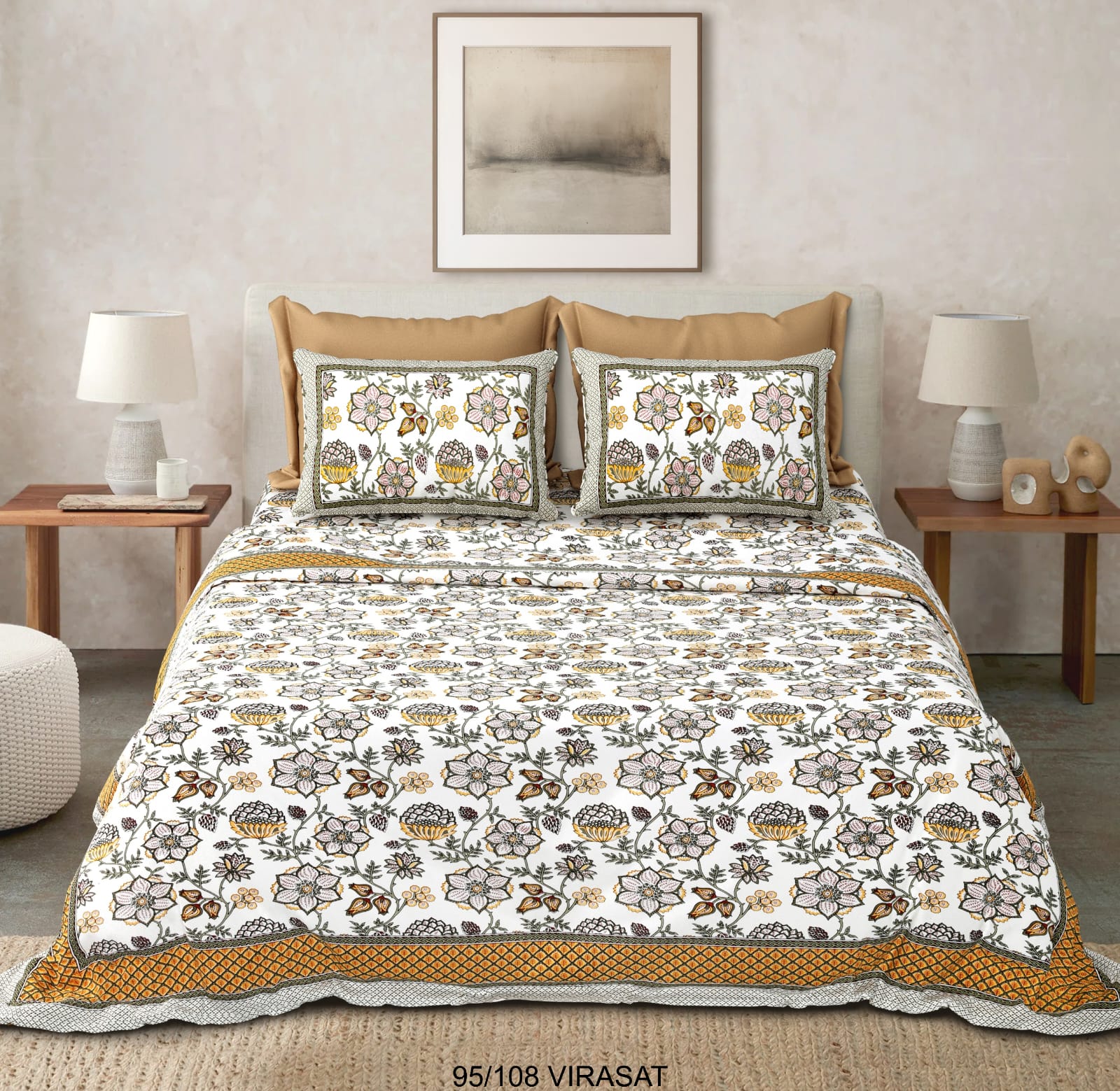 Cotton-Viscose Blend Double Bedsheet with 2 Pillow Covers