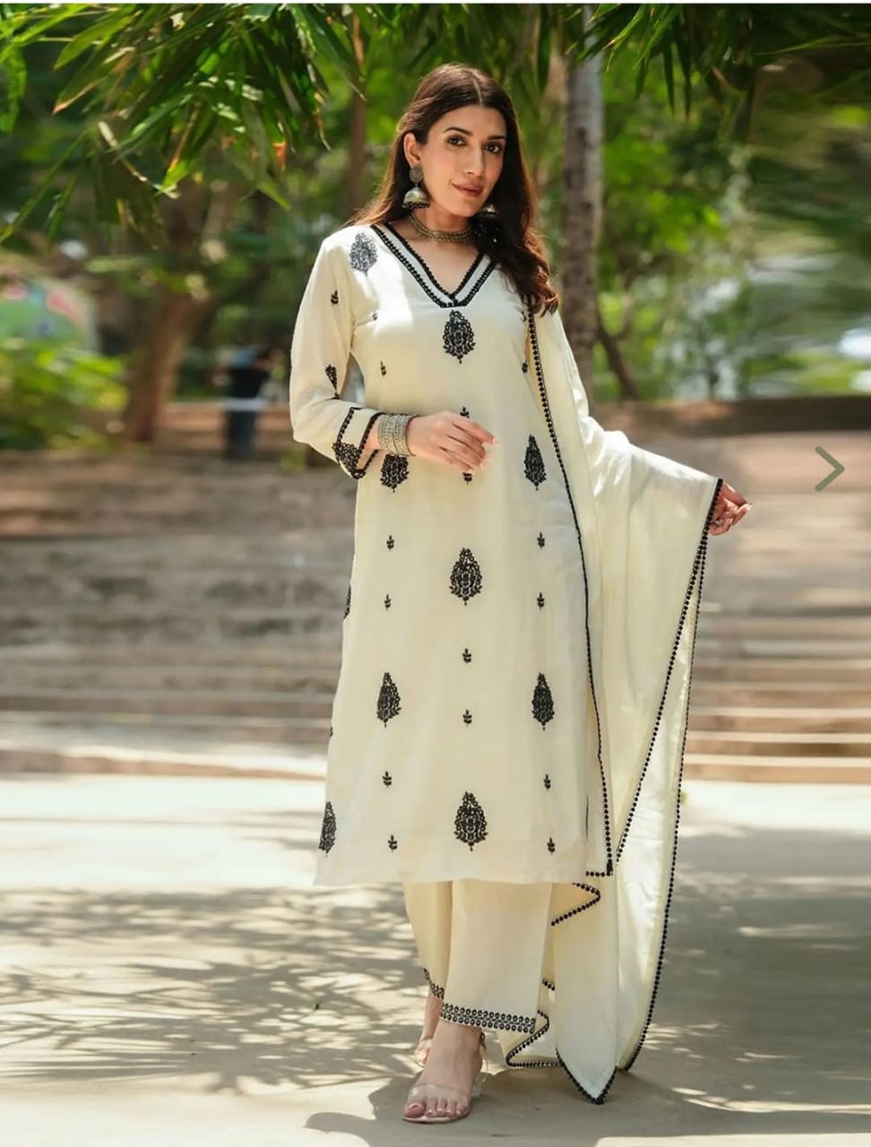 Cream Cotton 60x60 Embroidered Kurti Pant Dupatta Set with Lace Work