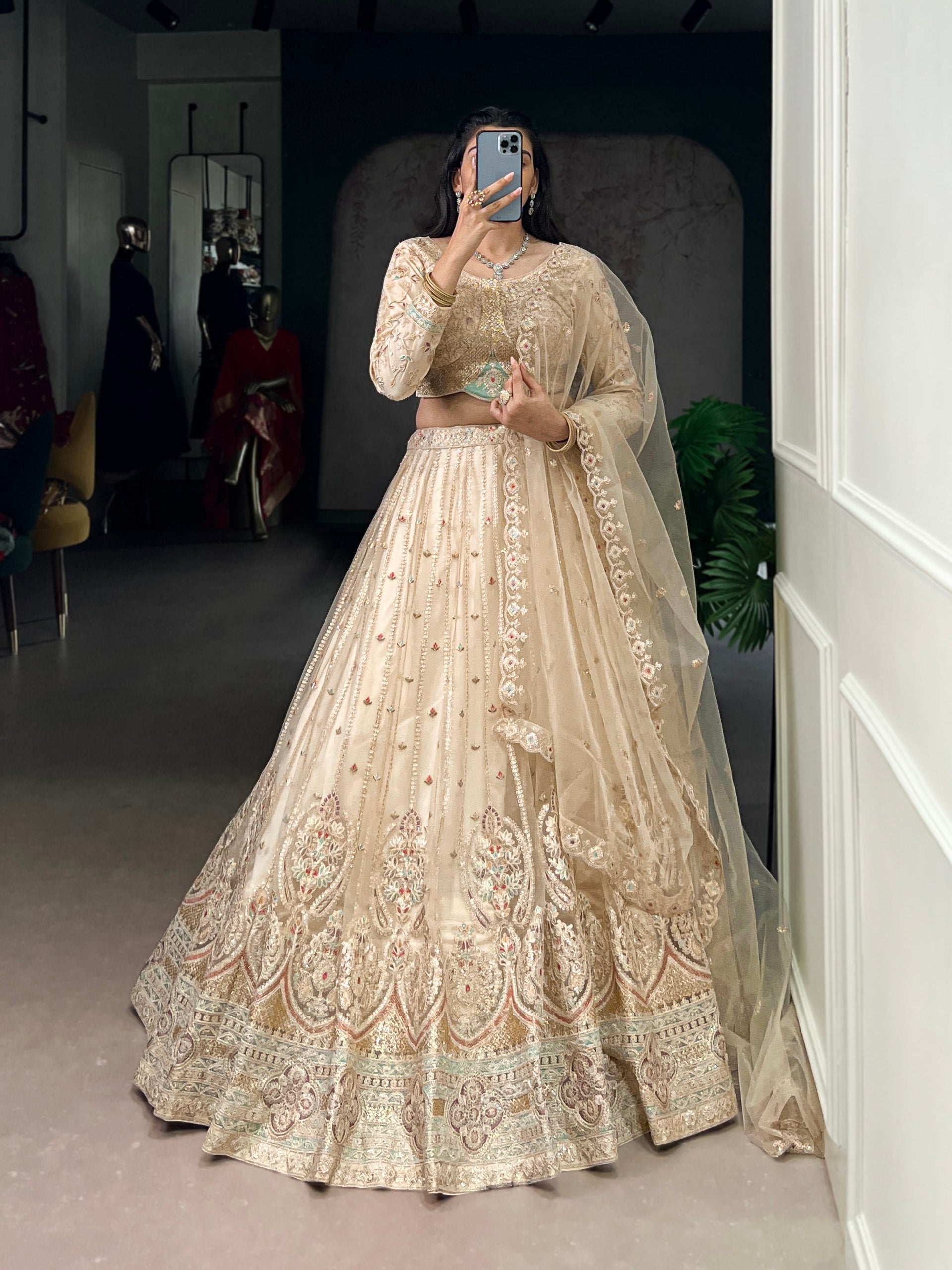 Cream Designer Net Lehenga with Sequins & Thread Embroidery Work, Stitched Lehenga with Unstitched Blouse & Dupatta