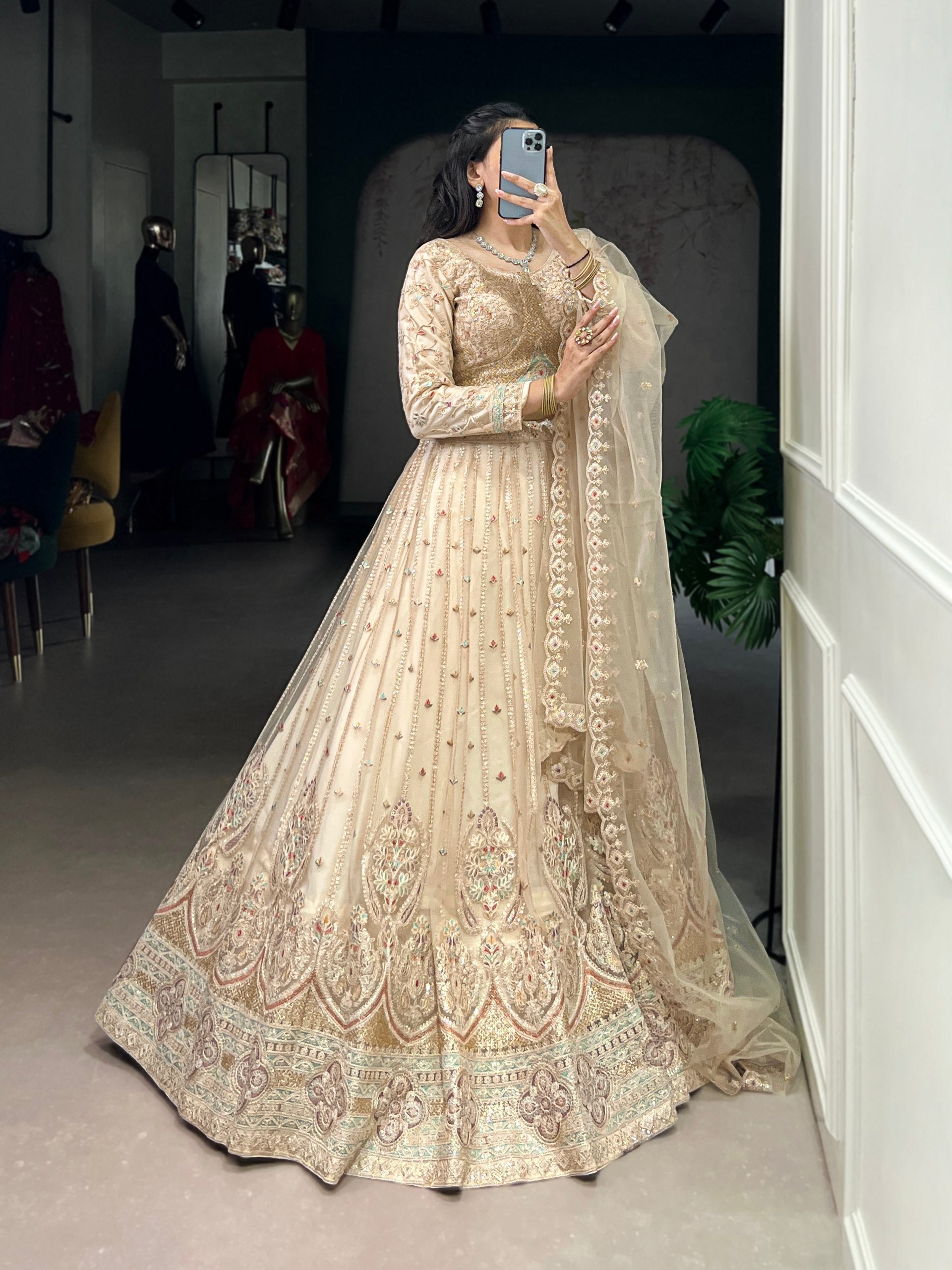 Cream Designer Net Lehenga with Sequins & Thread Embroidery Work, Stitched Lehenga with Unstitched Blouse & Dupatta