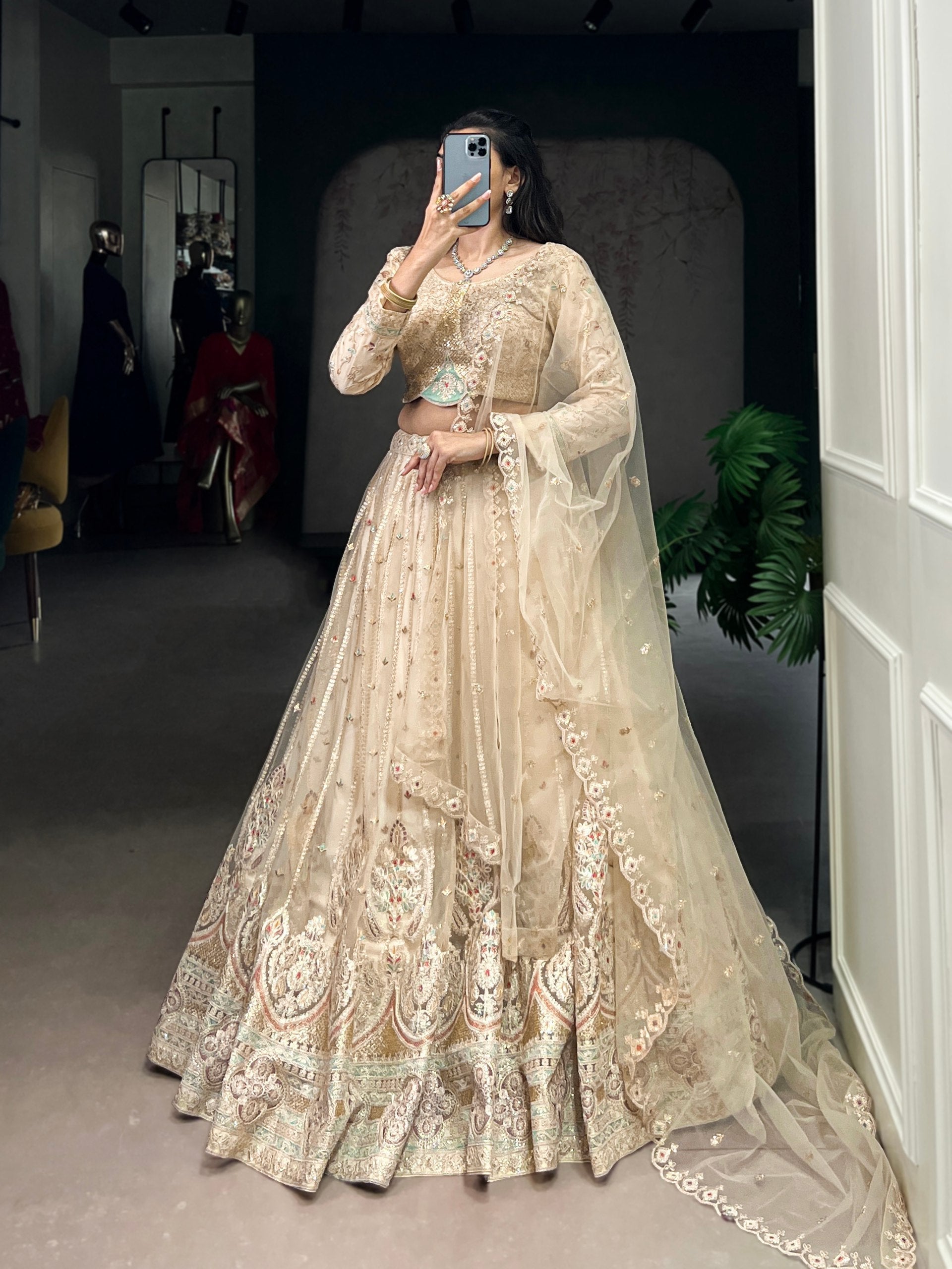 Cream Designer Net Lehenga with Sequins & Thread Embroidery Work, Stitched Lehenga with Unstitched Blouse & Dupatta