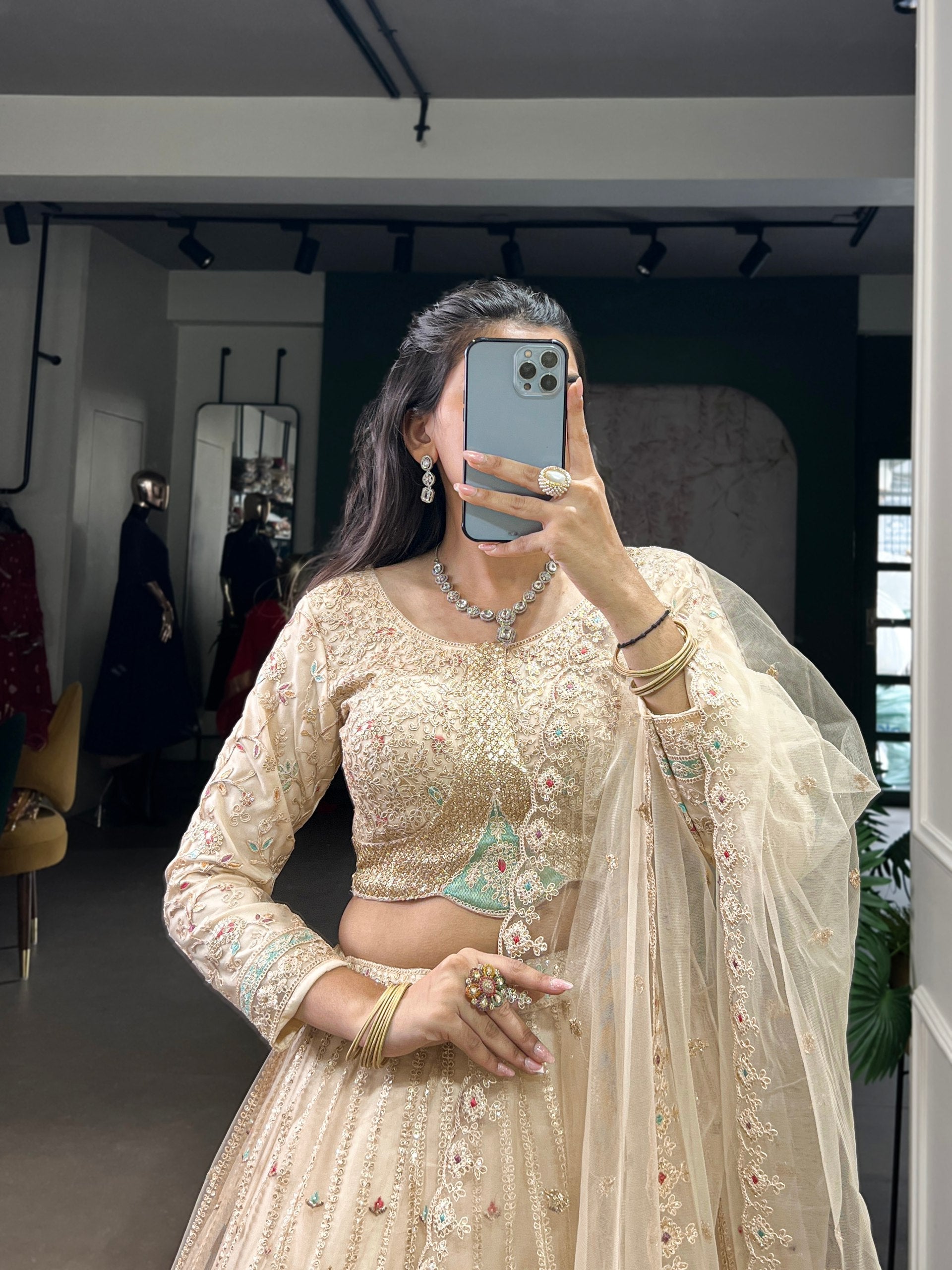 Cream Designer Net Lehenga with Sequins & Thread Embroidery Work, Stitched Lehenga with Unstitched Blouse & Dupatta