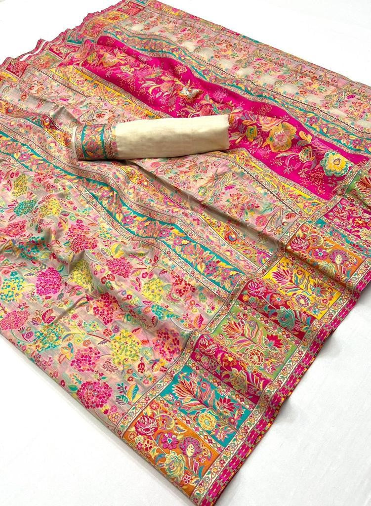 Cream Digital Print Elegant Bollywood Art Silk Saree with Zari Woven Border