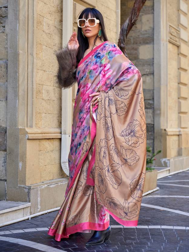 Cream Digital Print Saree in Satin Silk Blend – Party & Wedding Wear