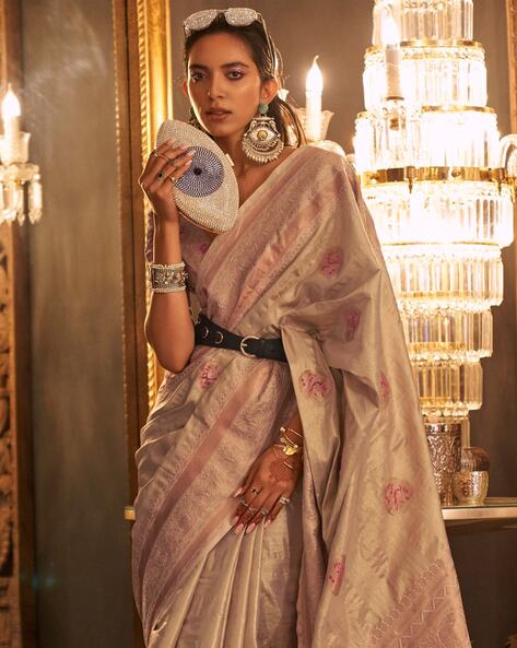 Cream Elegant Banarasi Silk Blend Saree with Woven Design & Tassel Detailing