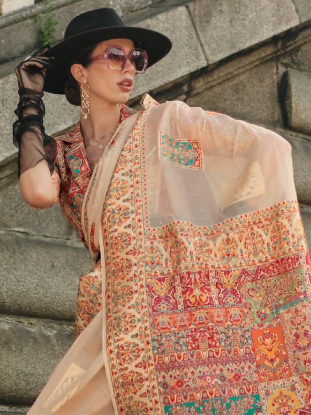 Cream Elegant Banarasi Silk Blend Woven Saree with Unstitched Blouse Piece