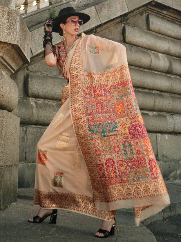 Cream Elegant Banarasi Silk Blend Woven Saree with Unstitched Blouse Piece