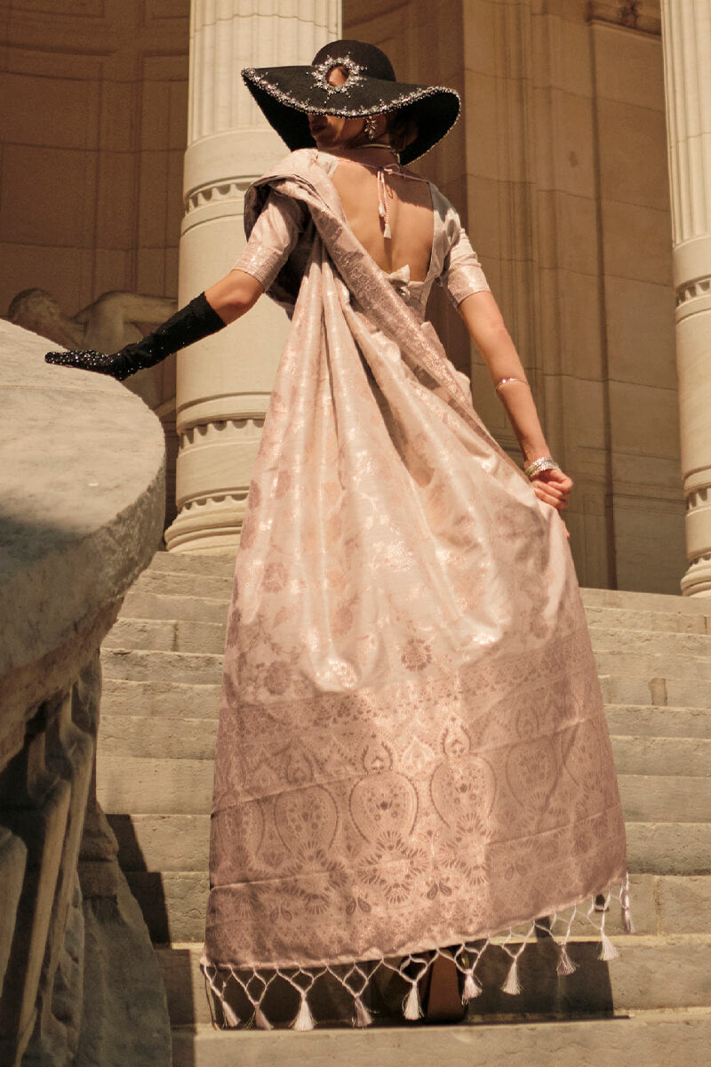Cream Elegant Banarasi Silk Saree with Zari Weaving Blouse Pieces