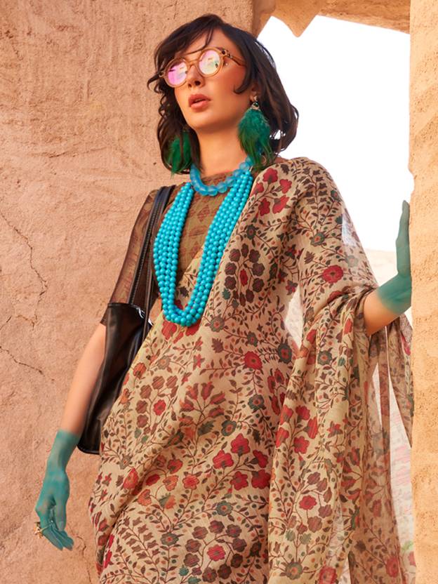 Cream Elegant Banarasi Tissue Saree with Unstitched Blouse Piece