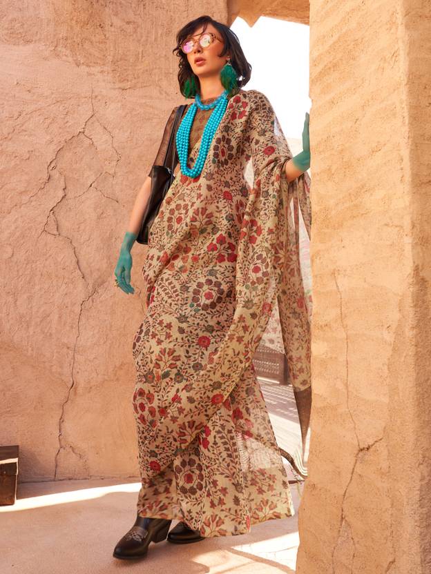 Cream Elegant Banarasi Tissue Saree with Unstitched Blouse Piece