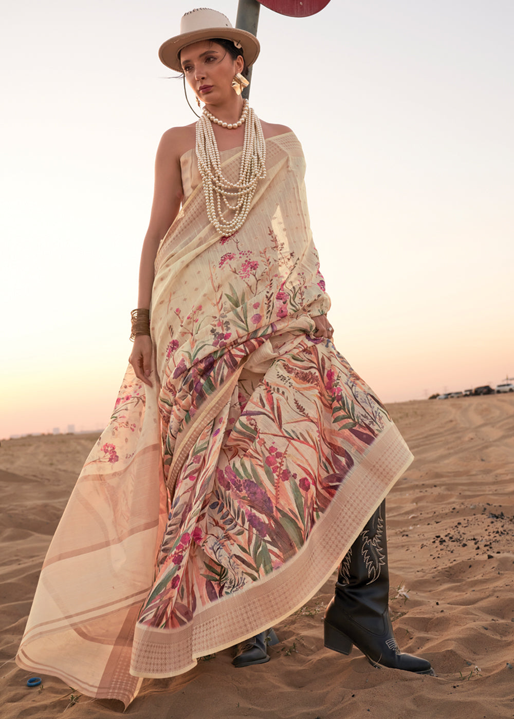 Cream Elegant Blended Linen Silk Saree – Breathable & Stylish for All Seasons
