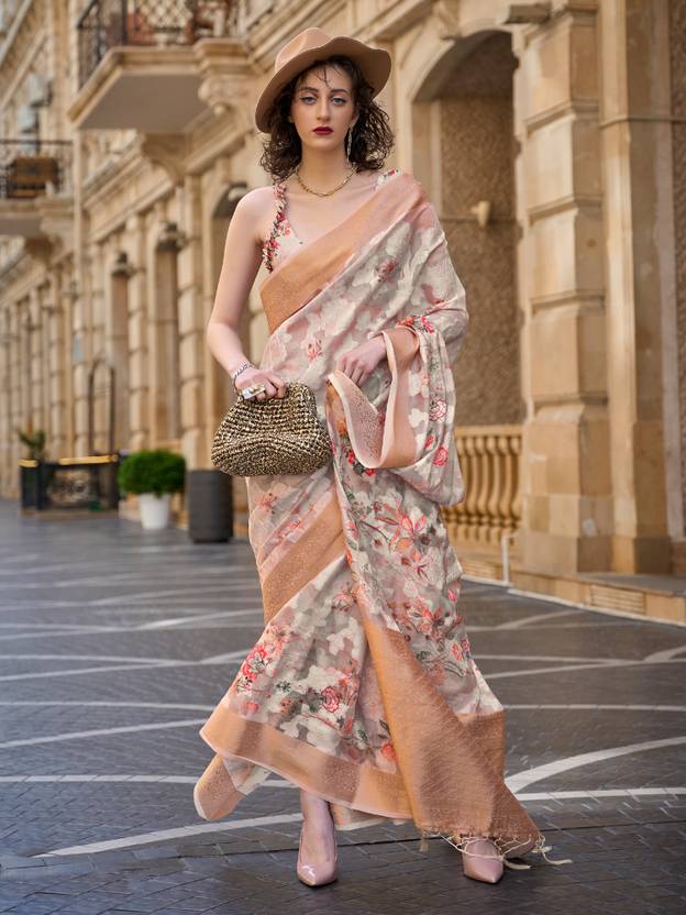 Cream Elegant Brasso Madurai Saree with Unstitched Blouse Piece