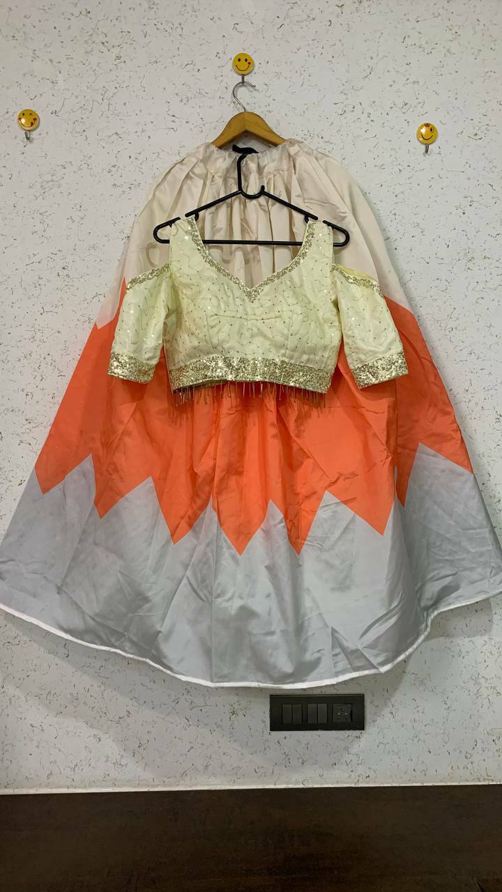Cream Elegant Digital Print Tapeta Silk Lehenga with Dola Silk Sequins Work Blouse