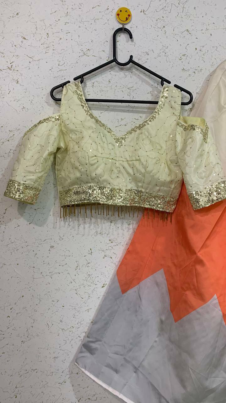 Cream Elegant Digital Print Tapeta Silk Lehenga with Dola Silk Sequins Work Blouse