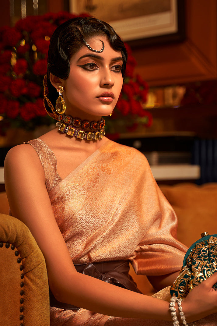 Cream Elegant Festive Blended Silk Kanjivaram Saree
