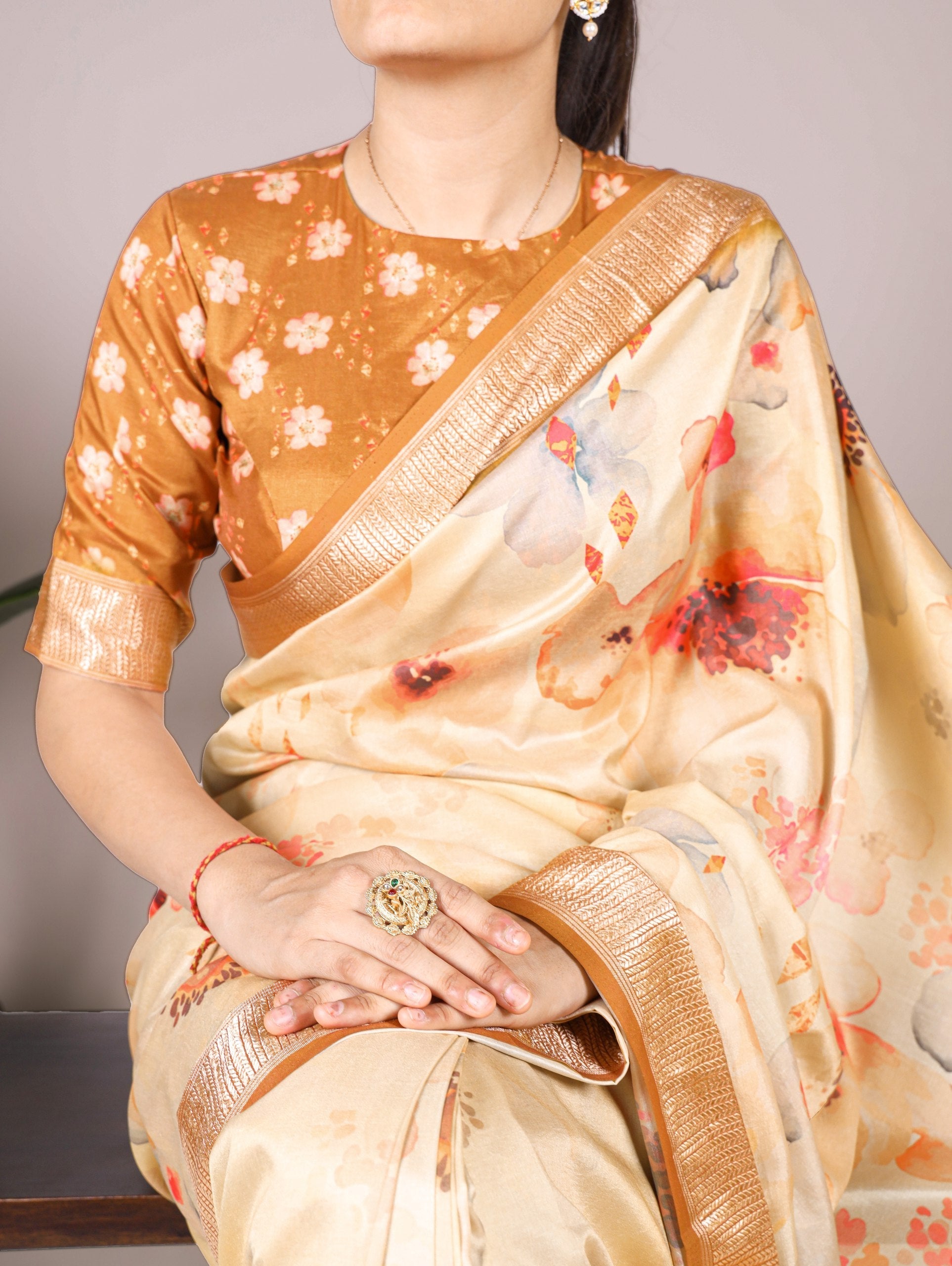 Cream Elegant Floral Printed Tussar Silk Saree with Viscose Border