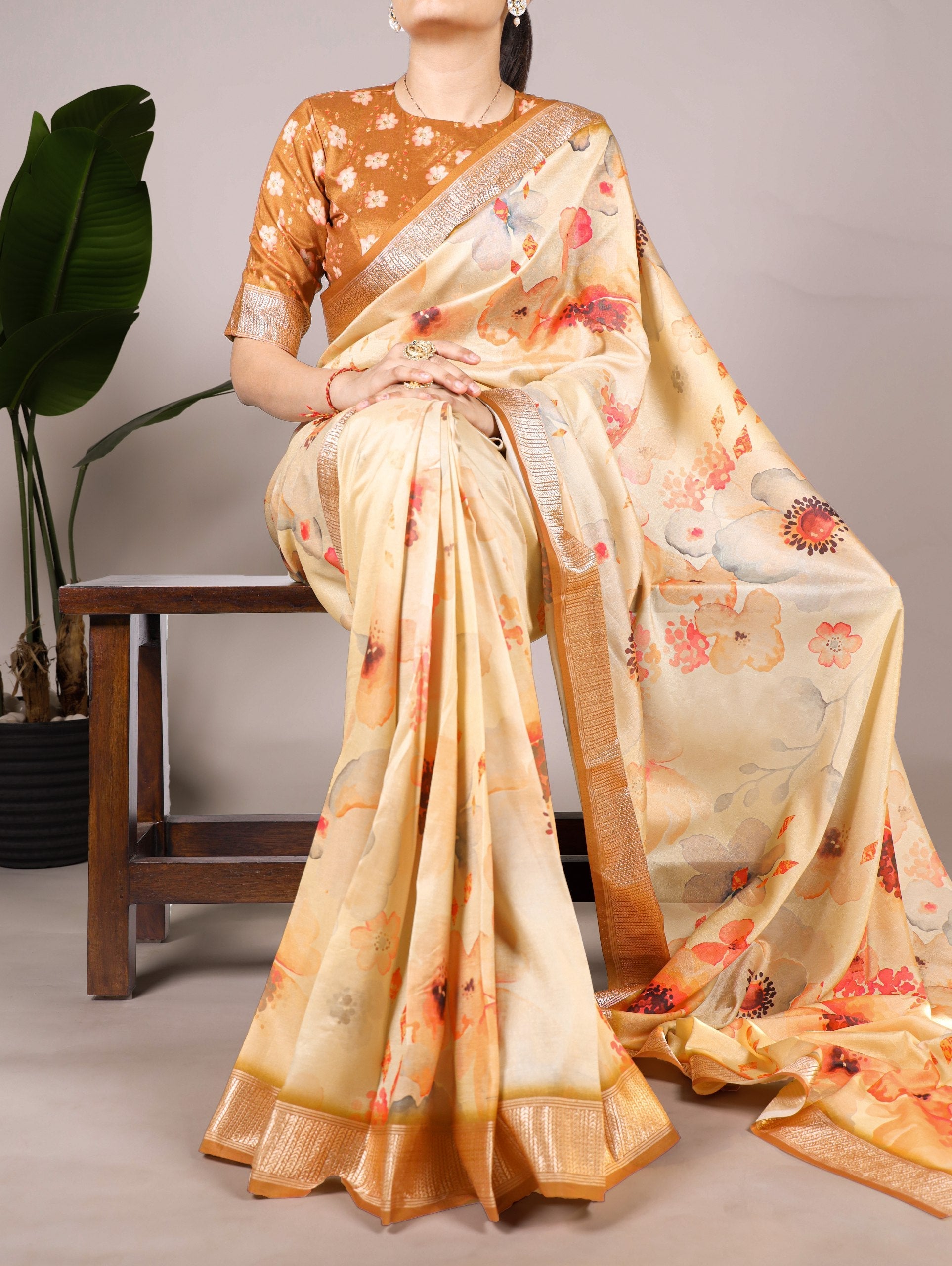 Cream Elegant Floral Printed Tussar Silk Saree with Viscose Border