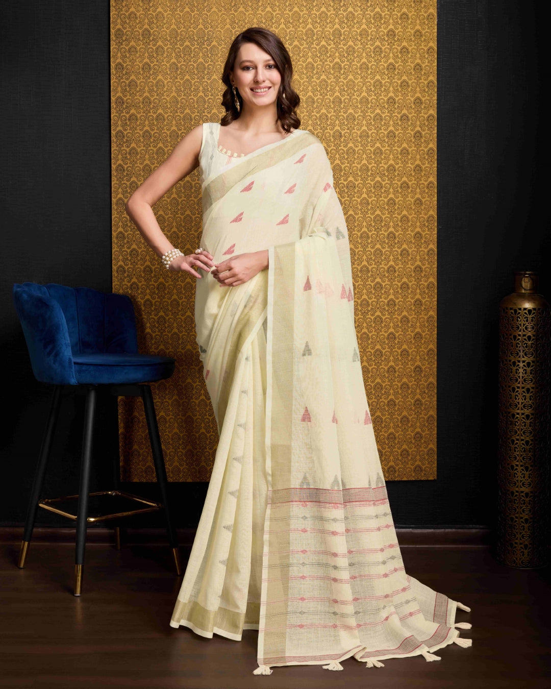 Cream Elegant & Gold-Toned Ikat Woven Saree with Zari Border