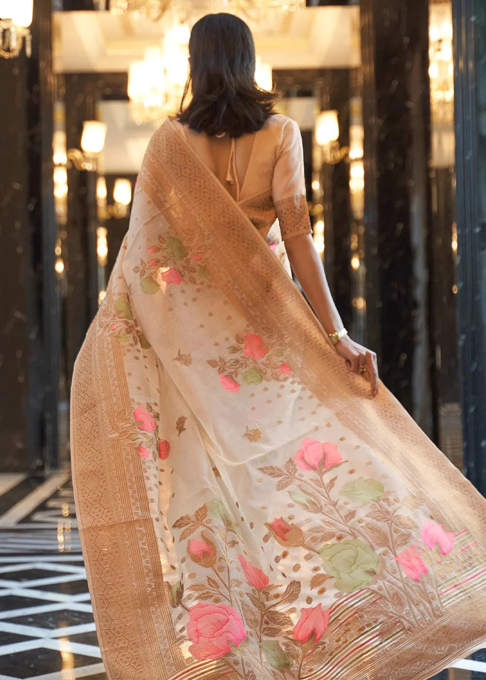 Cream Elegant Linen Saree with Floral Printed Weaving Work