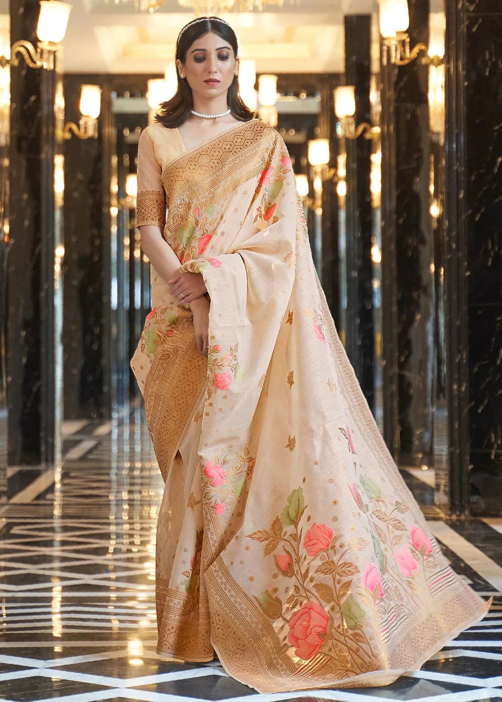 Cream Elegant Linen Saree with Floral Printed Weaving Work