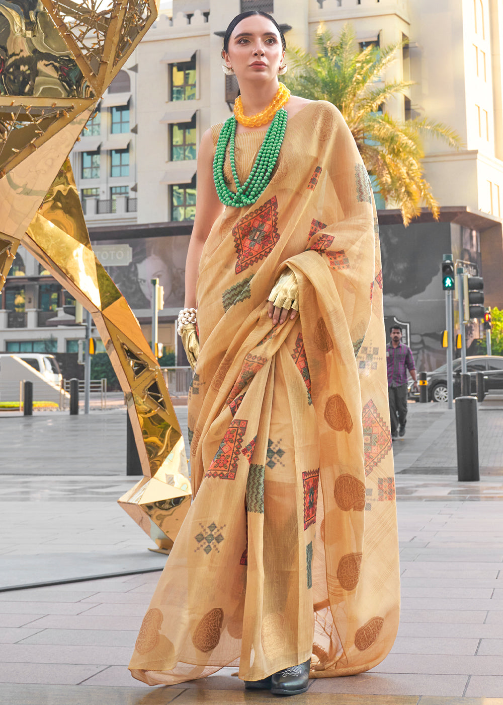 Cream Elegant Linen Silk Saree – Breathable & Stylish with Blouse Piece