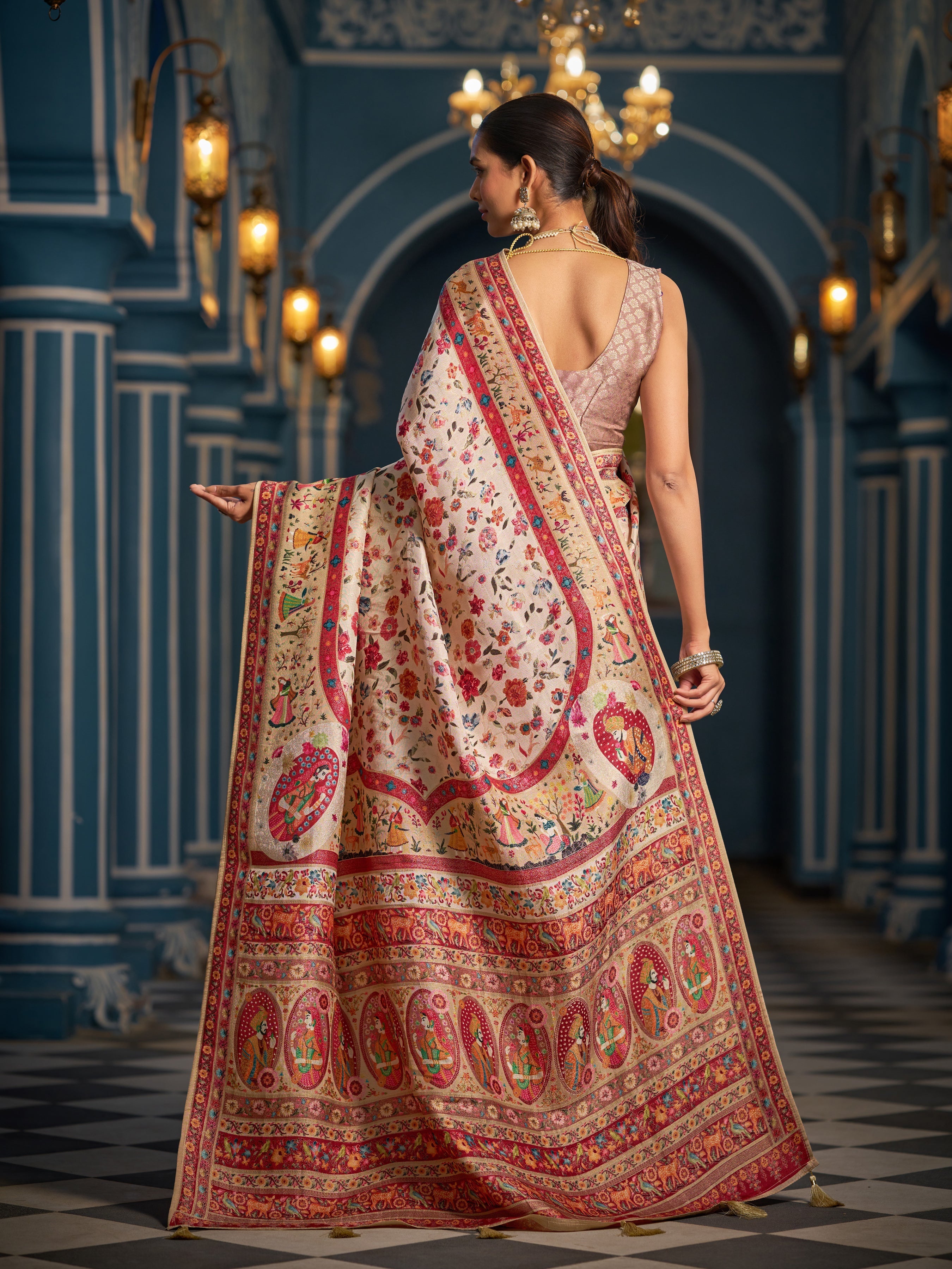 Cream Elegant Pashmina Kashmiri Jacquard Saree with Kalamkari & Meenakari Weaving
