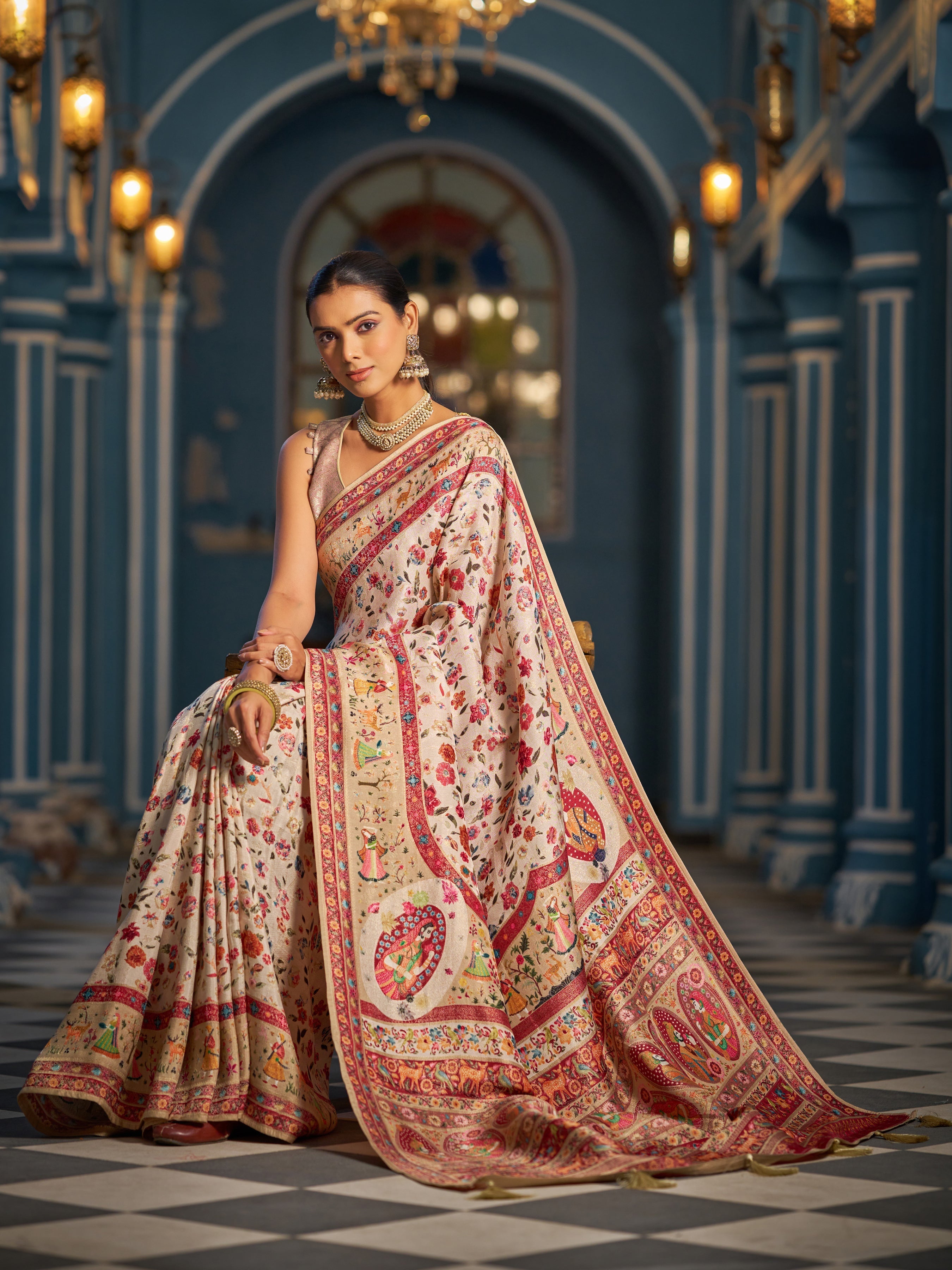 Cream Elegant Pashmina Kashmiri Jacquard Saree with Kalamkari & Meenakari Weaving
