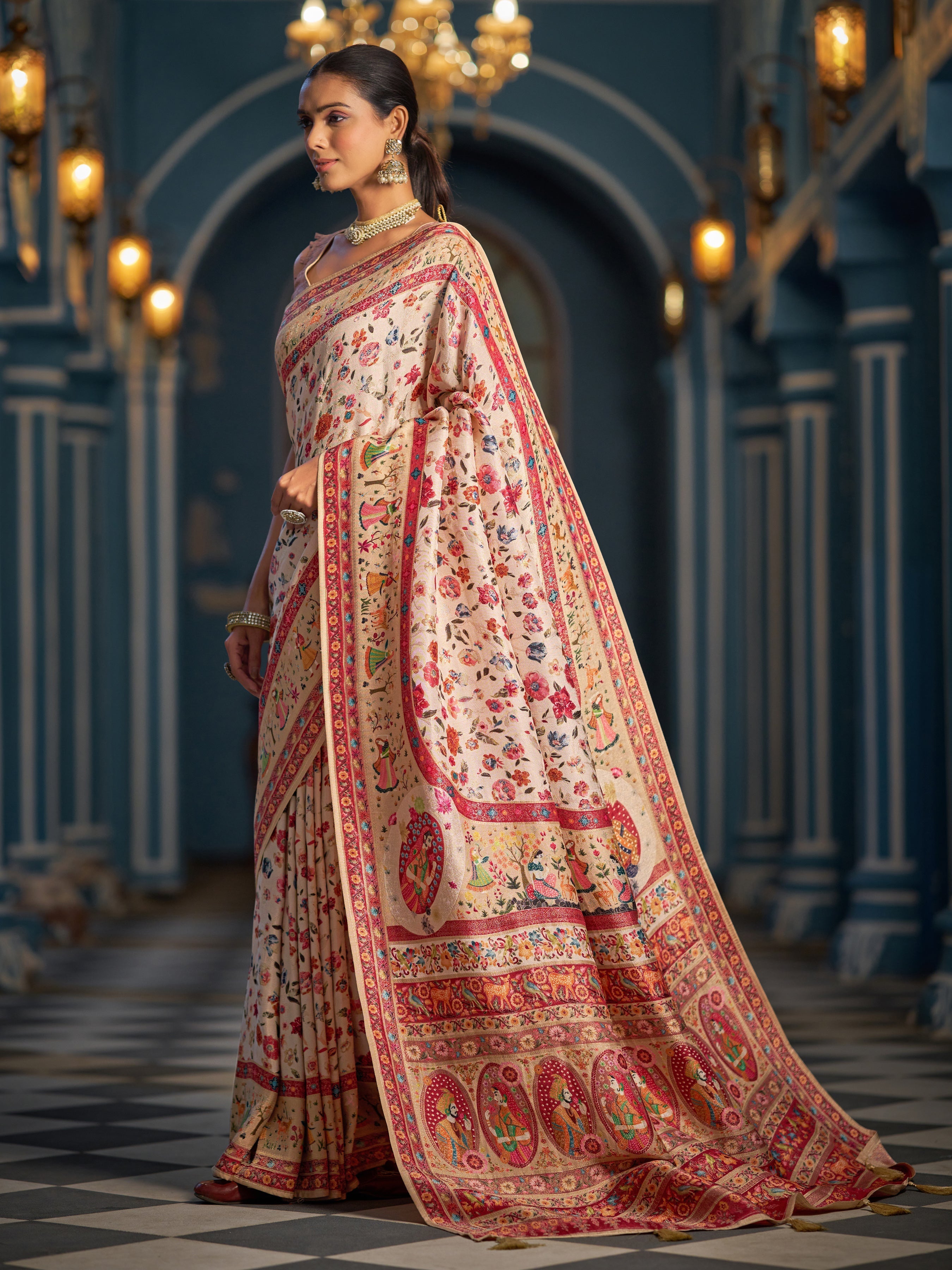 Cream Elegant Pashmina Kashmiri Jacquard Saree with Kalamkari & Meenakari Weaving