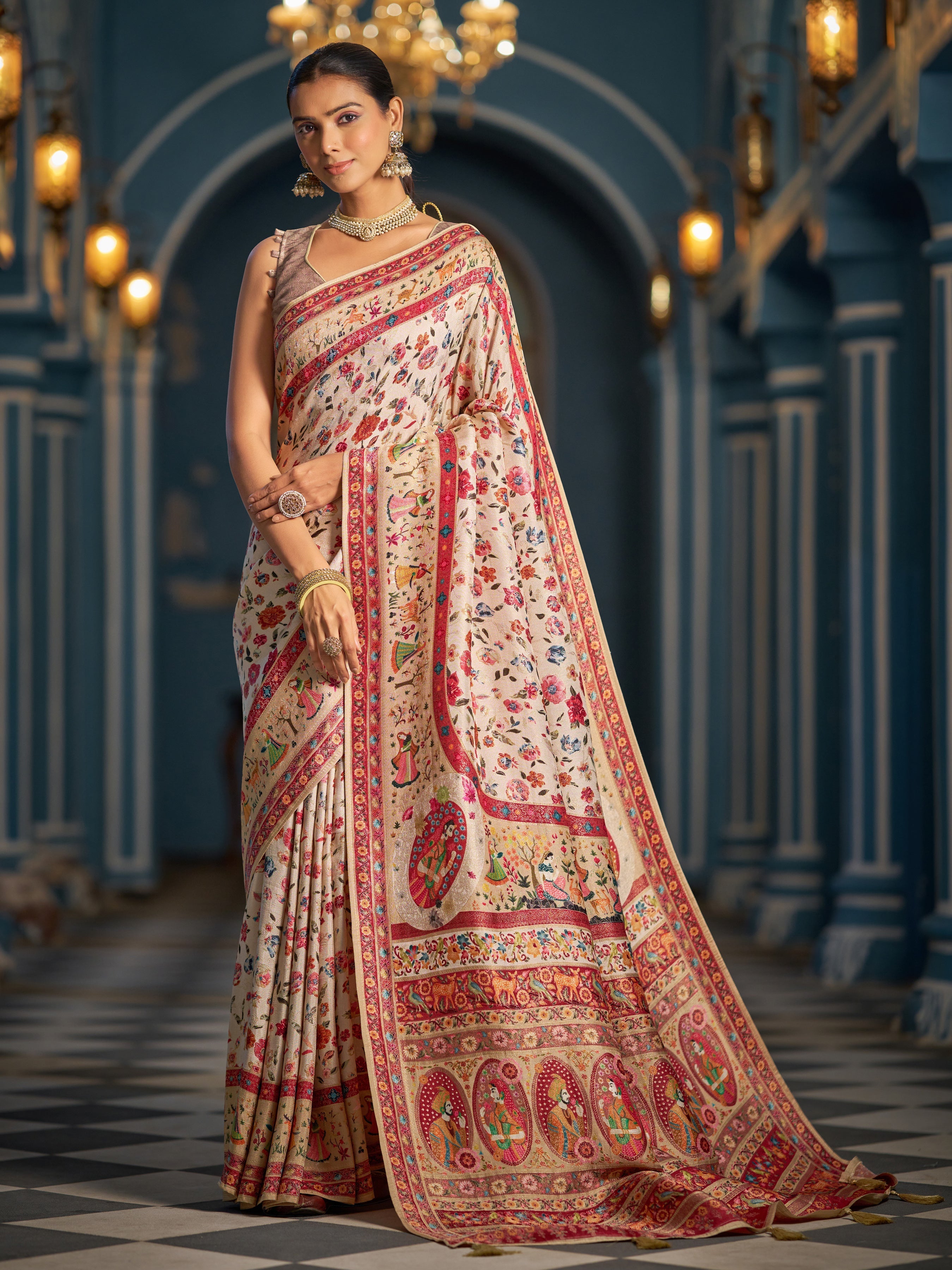 Cream Elegant Pashmina Kashmiri Jacquard Saree with Kalamkari & Meenakari Weaving