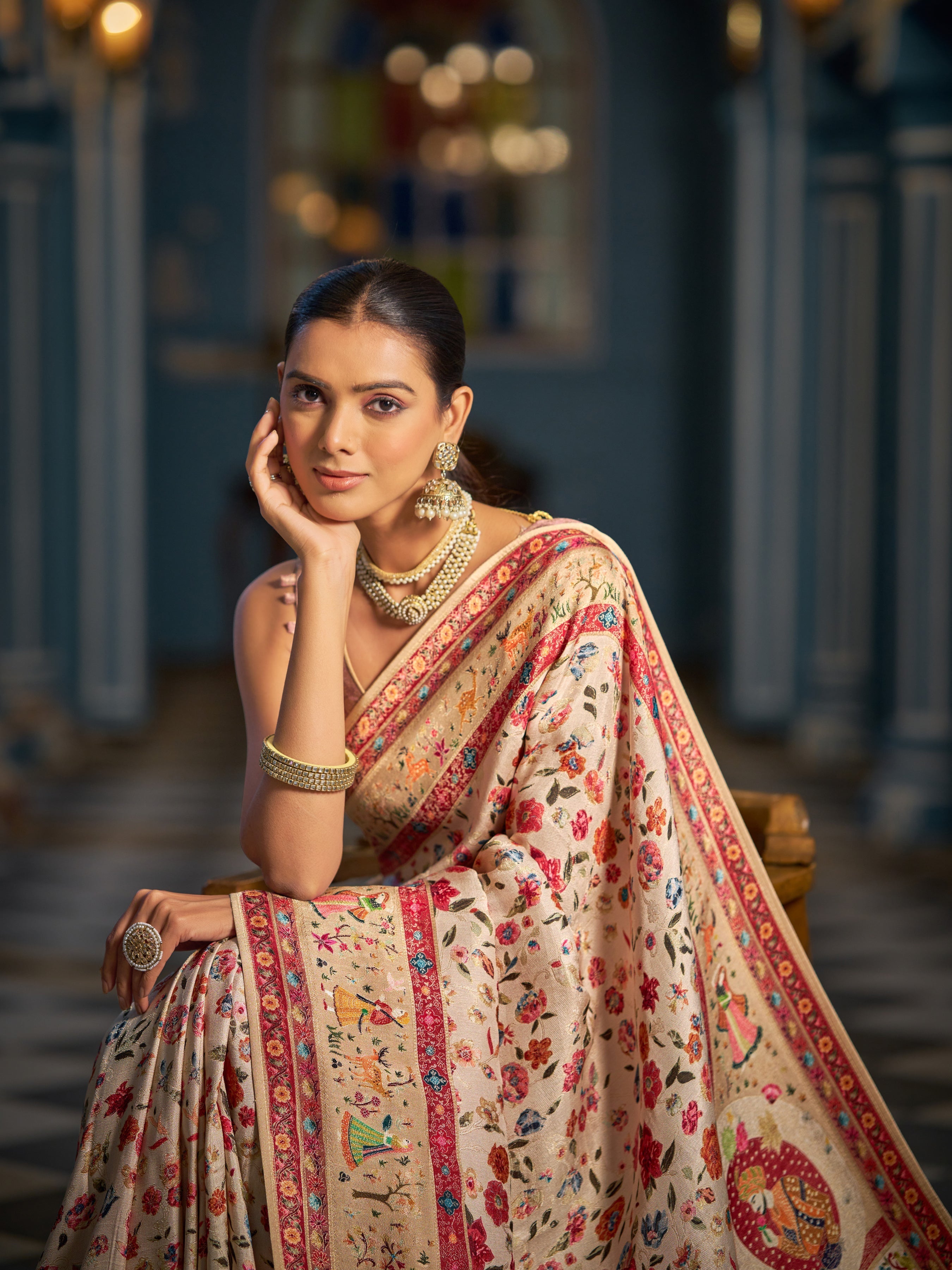 Cream Elegant Pashmina Kashmiri Jacquard Saree with Kalamkari & Meenakari Weaving