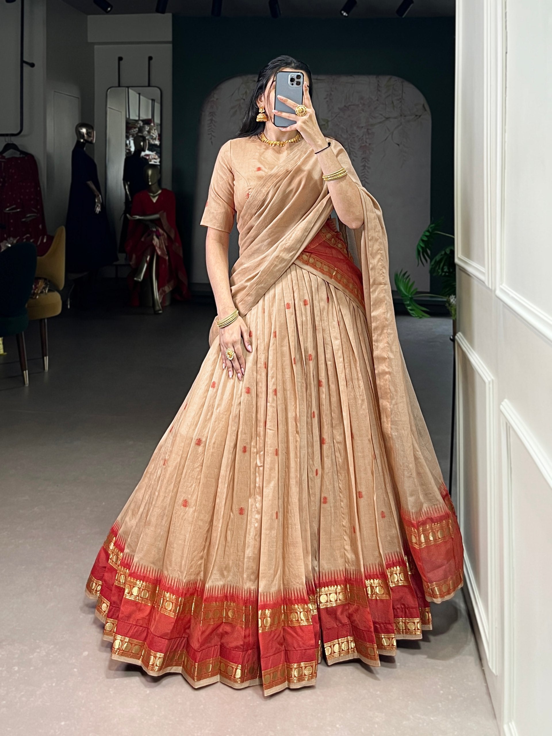 Cream Elegant Pure Chanderi Lehenga with Zari Weaving Work – Stitched Lehenga with Unstitched Blouse & Zari Dupatta
