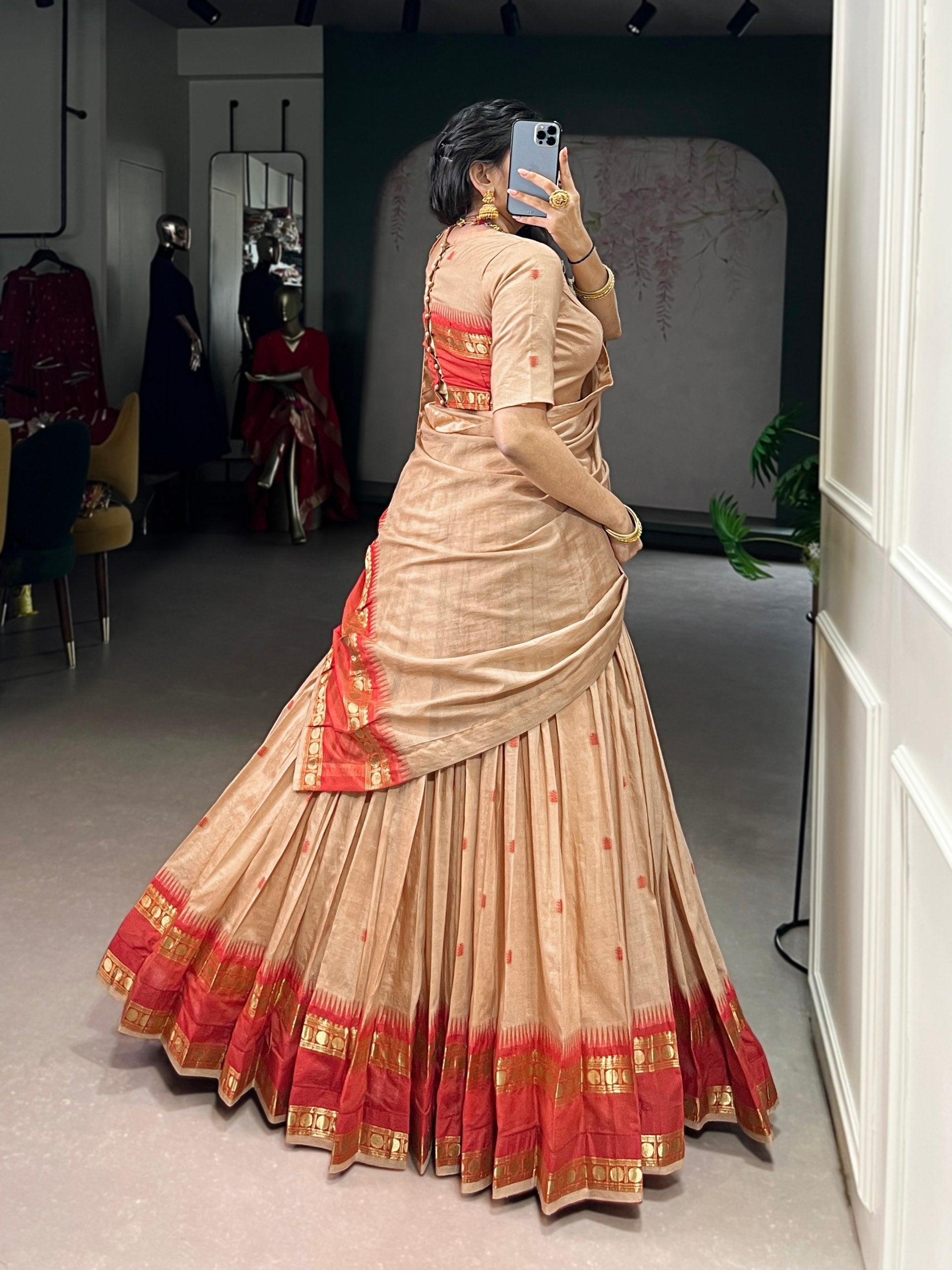 Cream Elegant Pure Chanderi Lehenga with Zari Weaving Work – Stitched Lehenga with Unstitched Blouse & Zari Dupatta