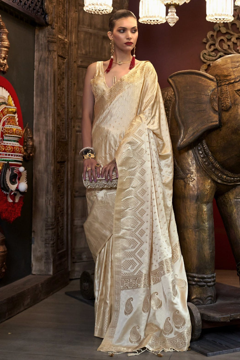Cream Elegant Pure Satin Handloom Saree with Unstitched Blouse Piece