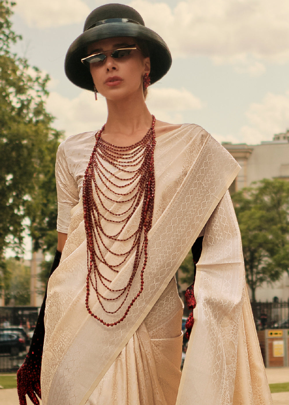 Cream Elegant Satin Silk Blend Saree with Matching Blended Silk Blouse Piece