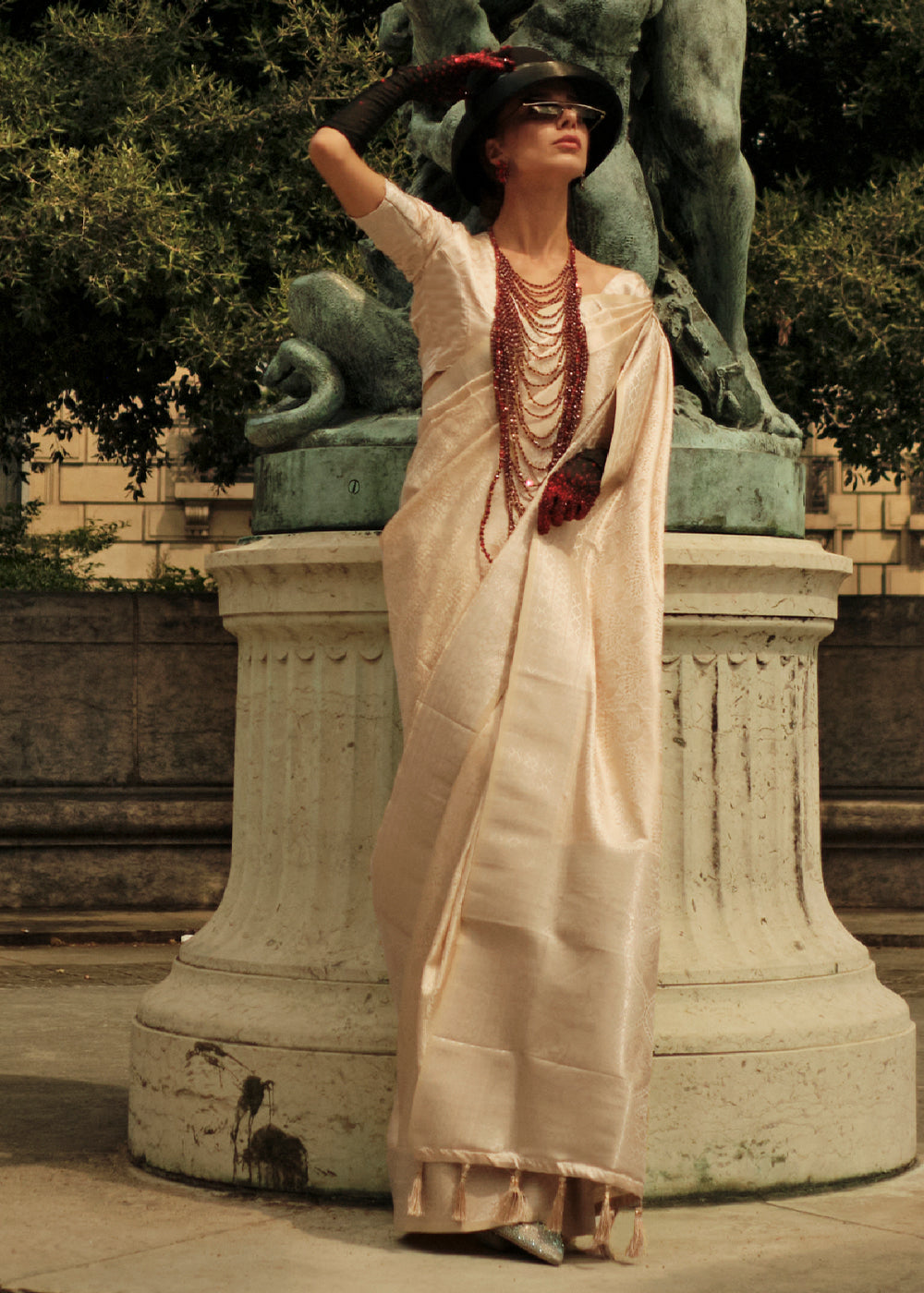 Cream Elegant Satin Silk Blend Saree with Matching Blended Silk Blouse Piece