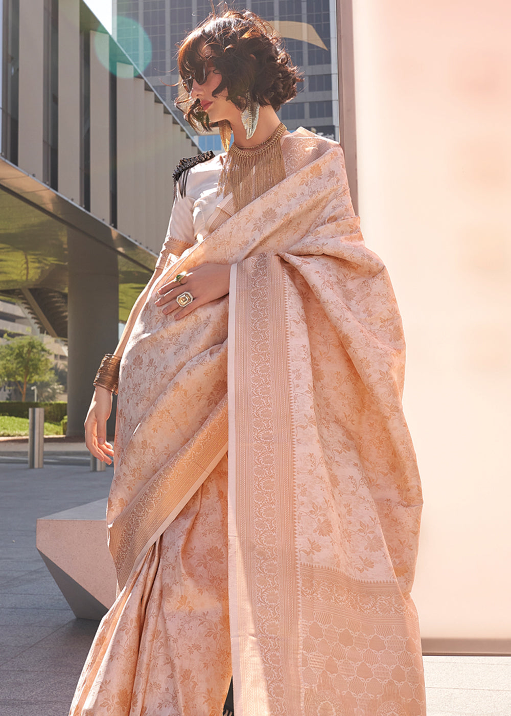 Cream Elegant Soft Banarasi Blended Silk Saree