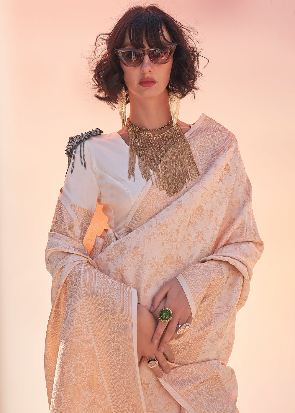 Cream Elegant Soft Banarasi Blended Silk Saree