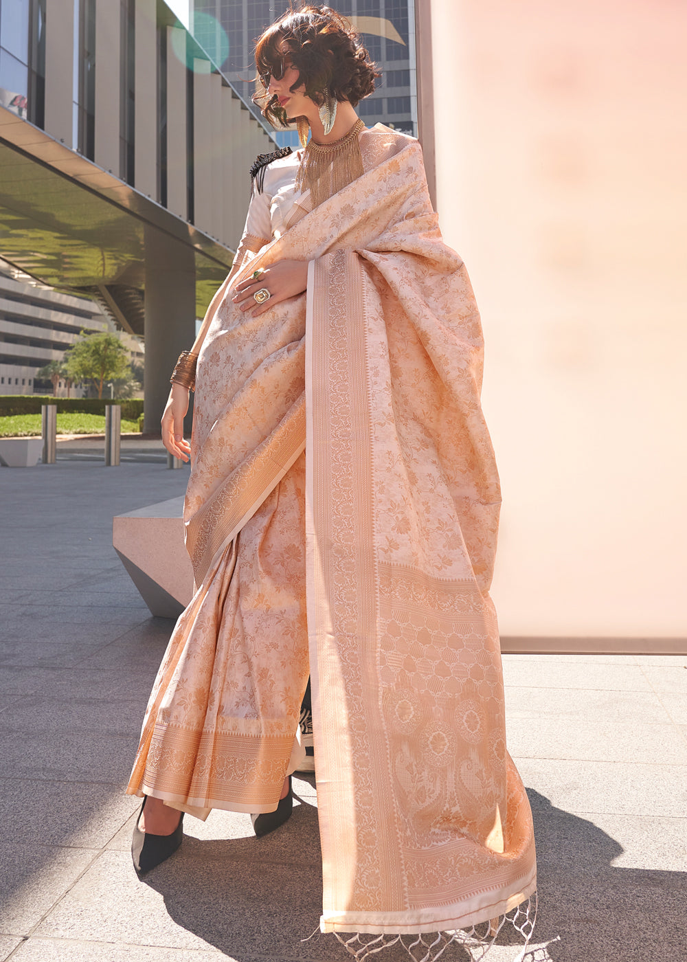 Cream Elegant Soft Banarasi Blended Silk Saree